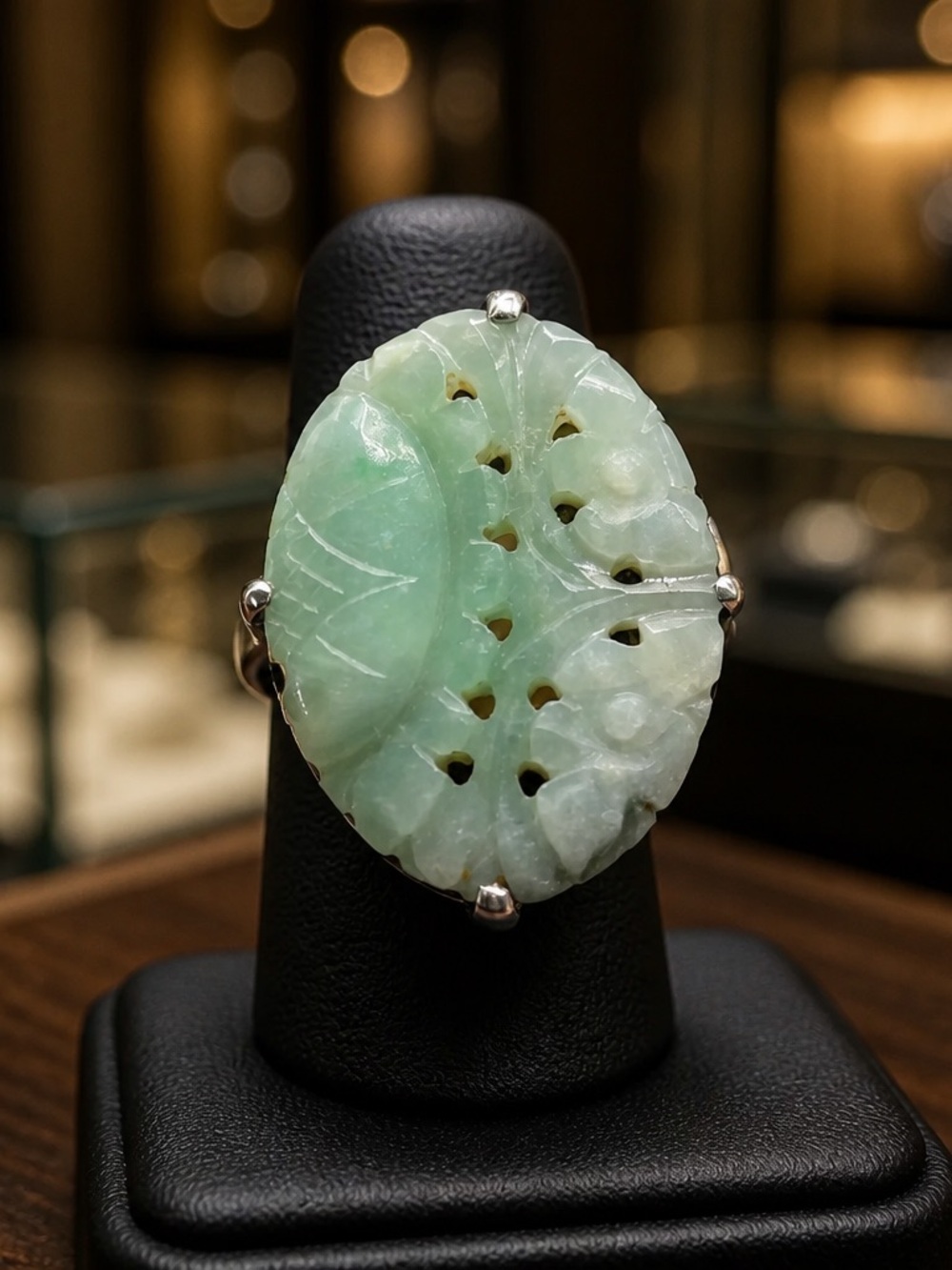 Green Carved Jade Leaf Statement Ring